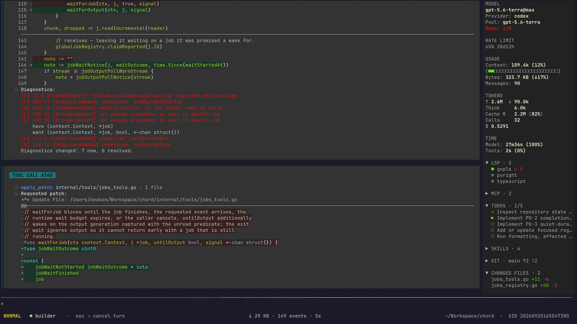 Chord terminal UI: tool calls, patches, and diagnostics on the left; model, usage, todos, and changed files on the right